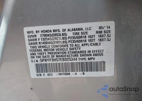 2014 Honda Pilot Ex-L z USA, uszkodzony, nr VIN 5FNYF3H57EB025344